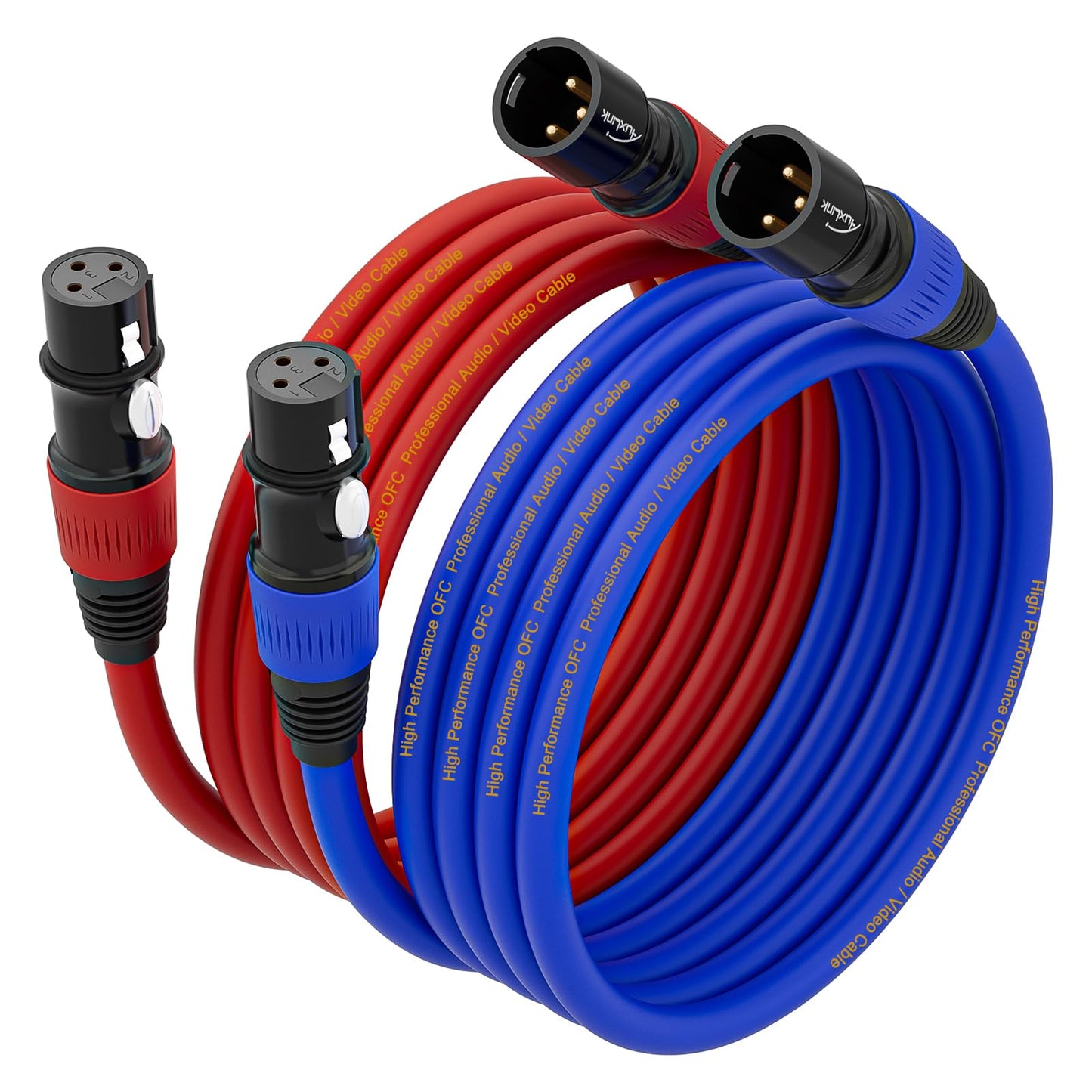 AuxLink XLR Cables 15ft 2Packs, XLR Male to Female Gold-Plated 3 Pins Microphone Cable Color Coded PVC Cable