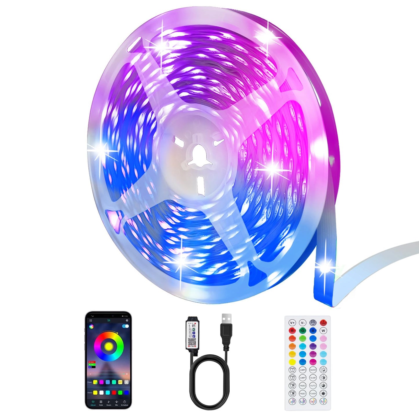 TK99SW LED Strip Lights, 65ft RGB Music Sync, Bluetooth App & Remote Control, USB-Powered, Vinyl Material