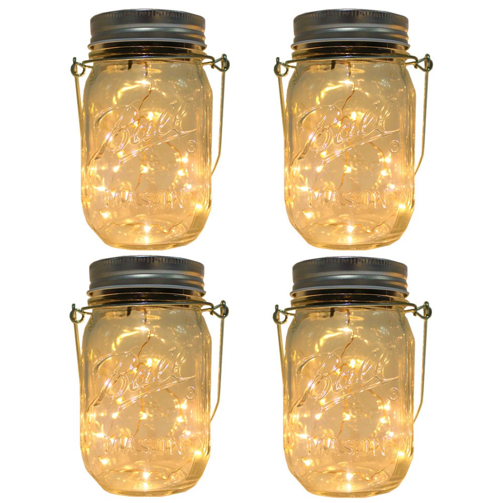 CHBJDAN Solar-Powered Mason Jar Lights, 4 Pack with Handles, Warm White, Model 43349-4067, Outdoor Hanging Lanterns