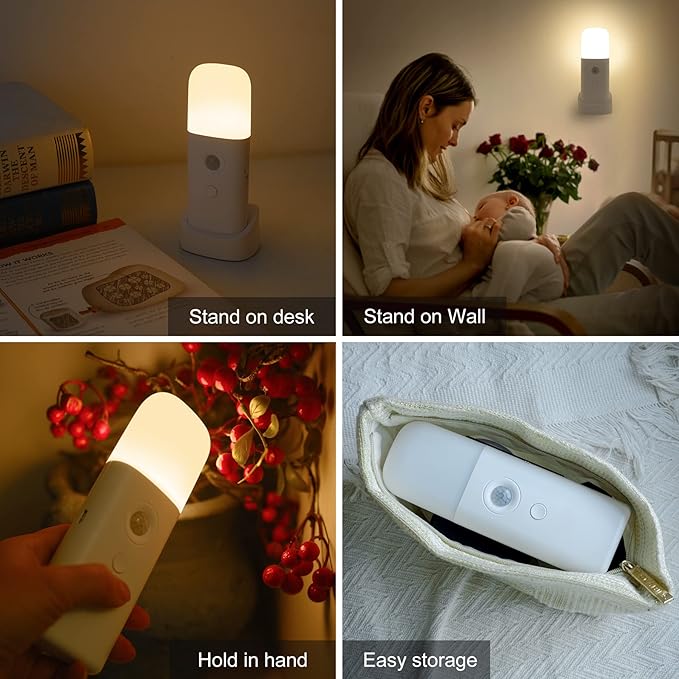 Motion Sensor Night Lights Indoor, Rechargeable Night Light Battery Powered, Portable Nightlight with Adjustable Brightness Activated Table Lamp for Kids, Adults(Cool White, 4Pack)