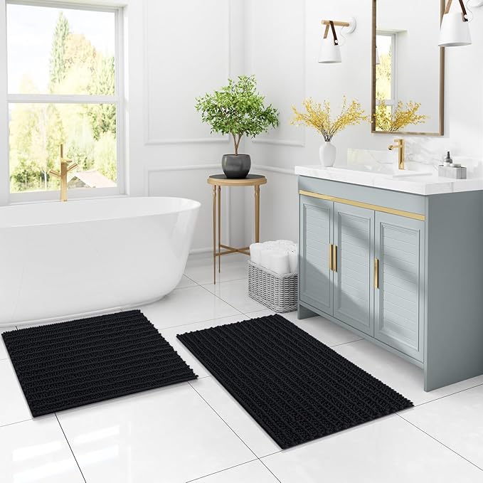 Arotive Luxury Chenille Toilet Rugs U-Shaped, Extra Soft Thick Absorbent Bathroom Mat, Non-Slip Shaggy Plush Contour Rugs, Machine Wash Dry Bath Mat for Toilet Base, 24x20, Black