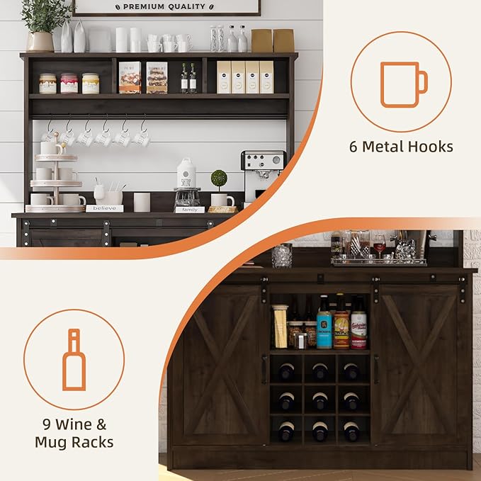 4ever2buy Farmhouse Coffee Bar Cabinet with Storage, 47” Wine Bar with Sliding Barn Doors and 3 Storage Hutch, Hutch Cabinet with 6 Hooks & 9 Wine Racks for Dining Room, Kitchen, Dark Oak