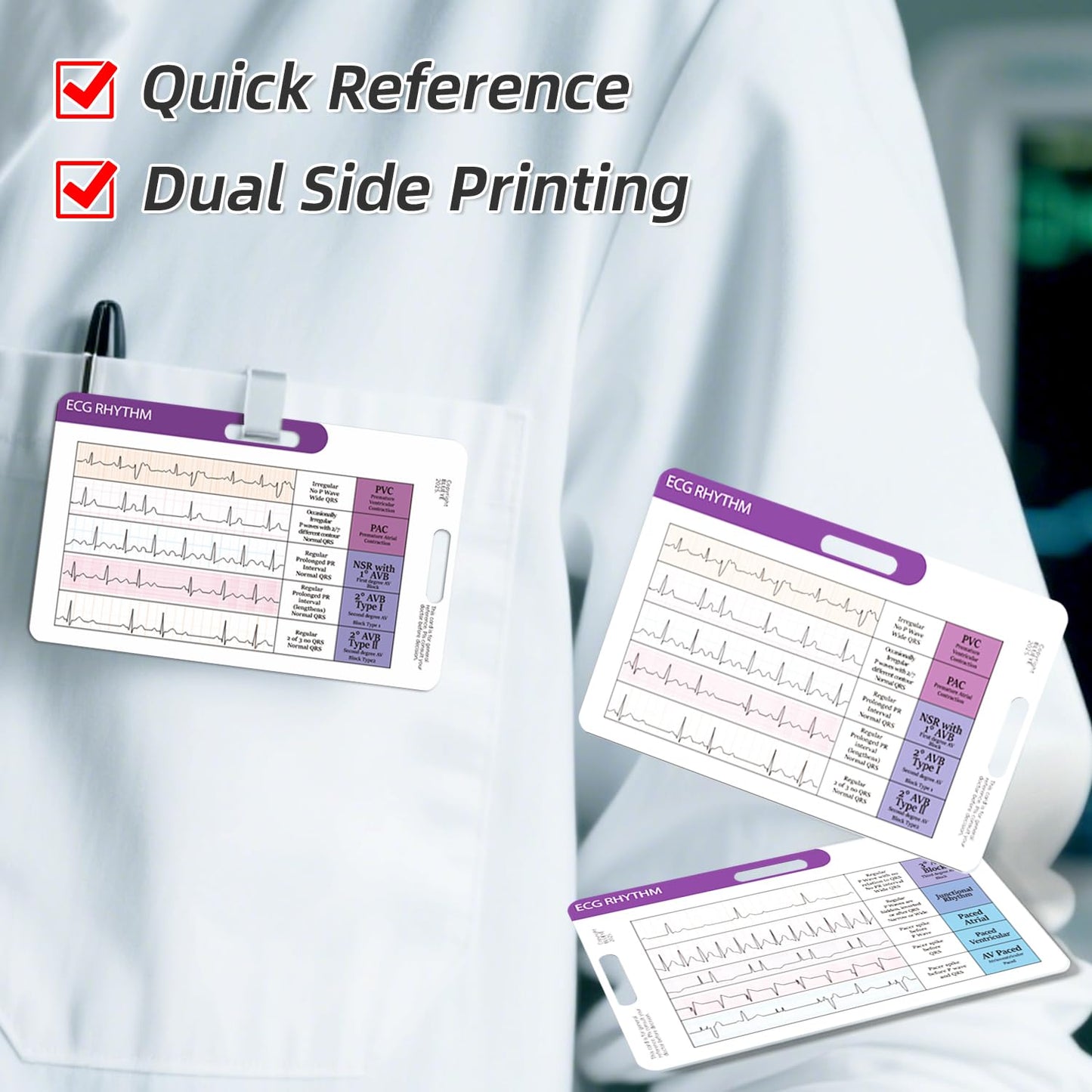 EKG Rhythm Interpretation Card-with 3X Pocket Magnifier &Badge Holder- Quick ECG Reference Guide for KardiaMobile- Durable Plastic-Nurse Gifts-for Horizontal & Vertical-2 Cards Upgraded Bigger Text