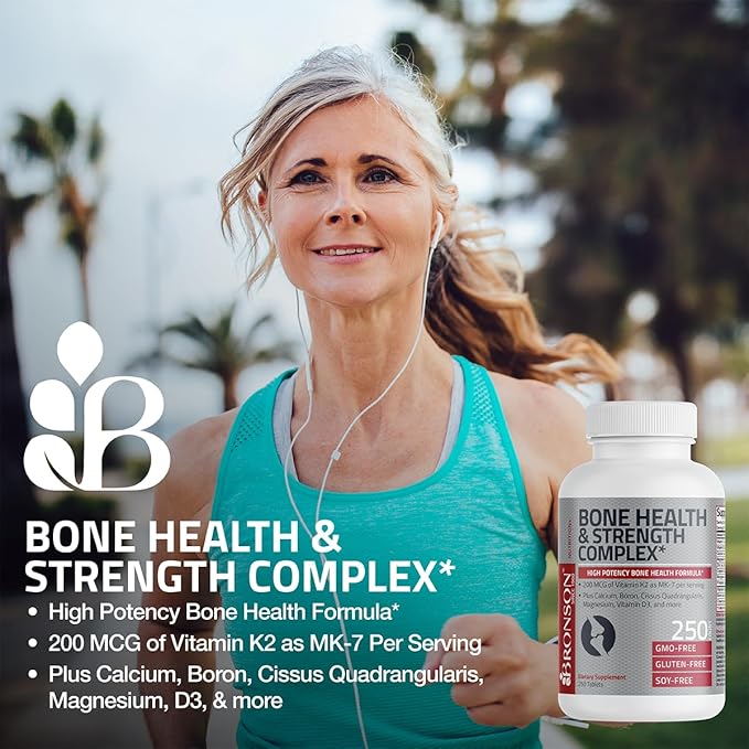Bronson Bone Health & Strength Complex* High Potency Formula 200 MCG of Vitamin K2 as MK7, Plus Calcium, Boron, Cissus Quadrangularis, Magnesium, Vitamin D3, and More - Non-GMO, 120 Tablets