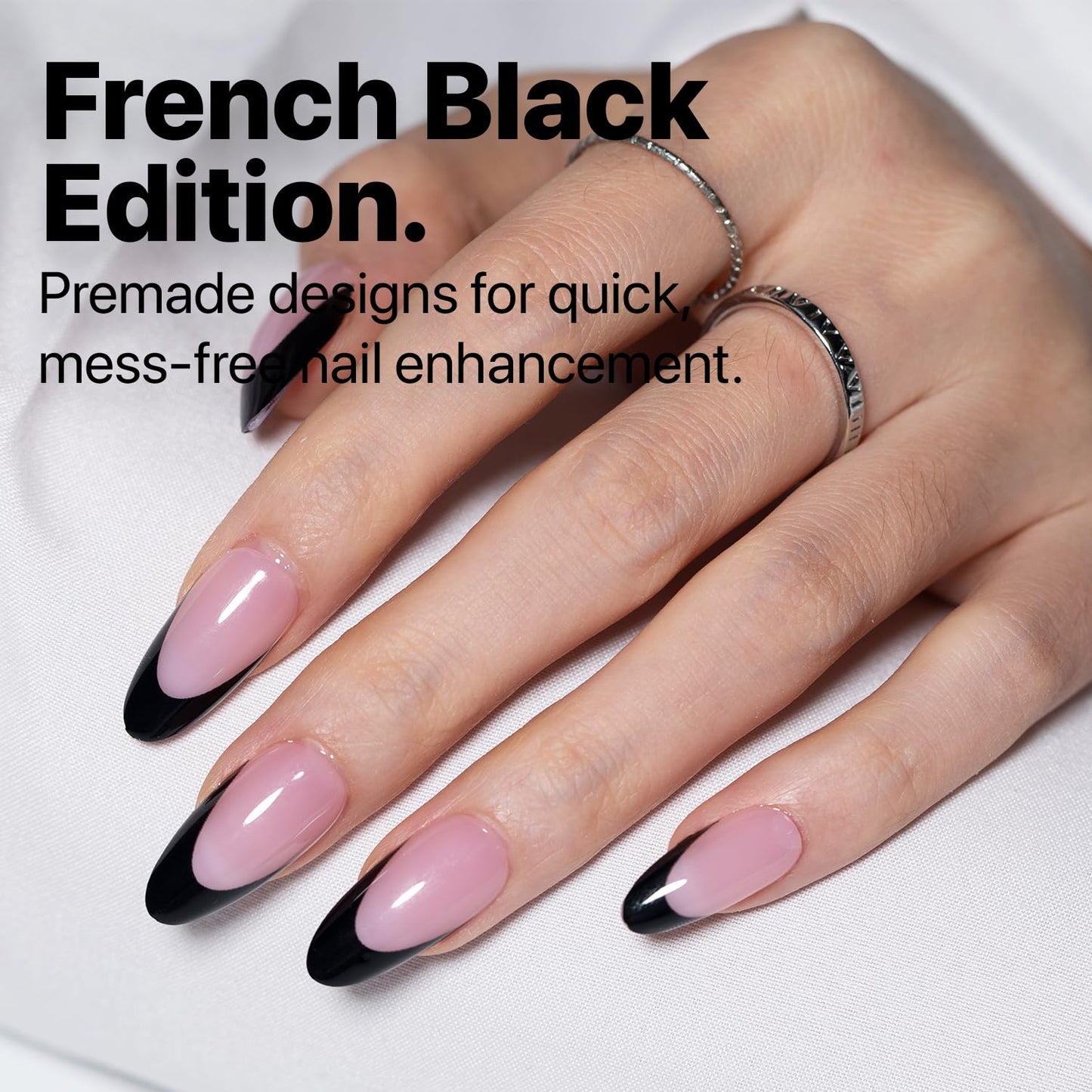 SXC Cosmetics French Tip Press On Nails - Black Series, Medium Almond, X-Pro Tips Starter Kit | 150PCS, 15 Sizes, 5 Styles, Begi