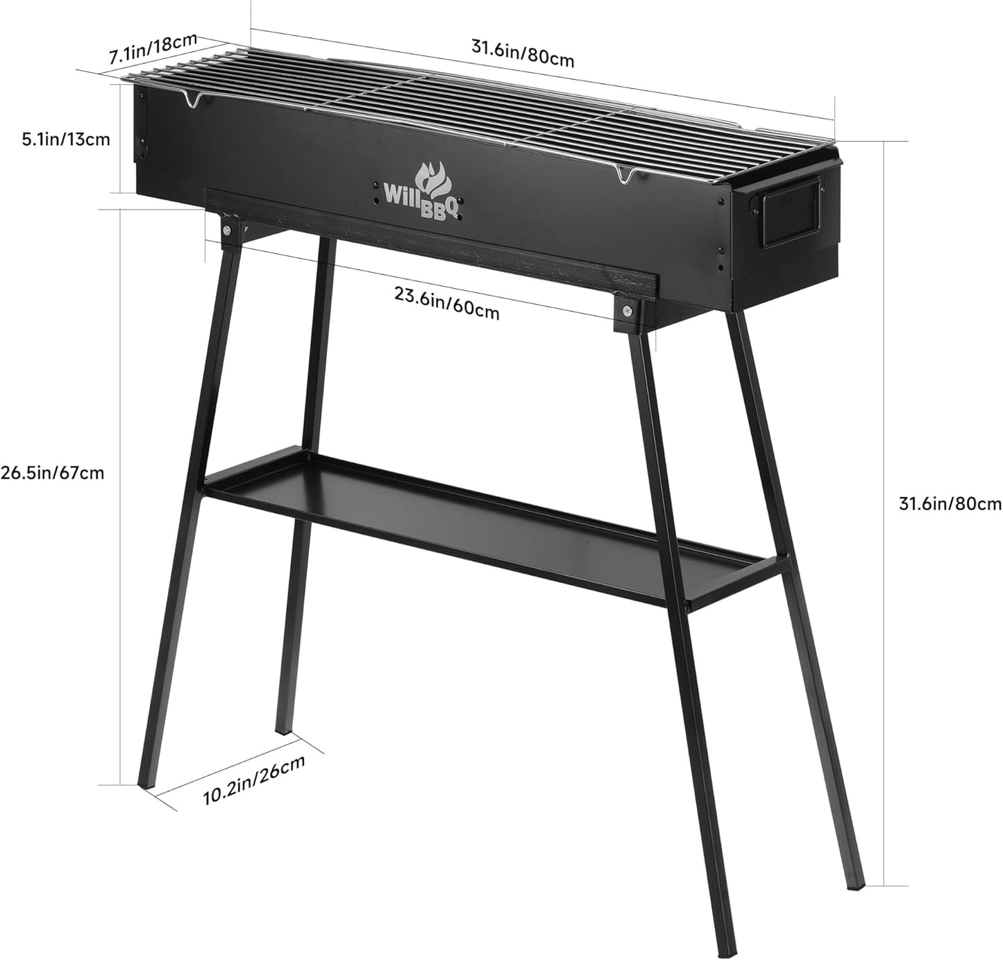 Charcoal Grills Commercial Quality Portable Multiple Size Hibachi BBQ Lamb Skewer Folded Camping Barbecue Grill for Backyard Party Picnic Use(31.6x7.1x5.1 inch With Accessories),BLACK