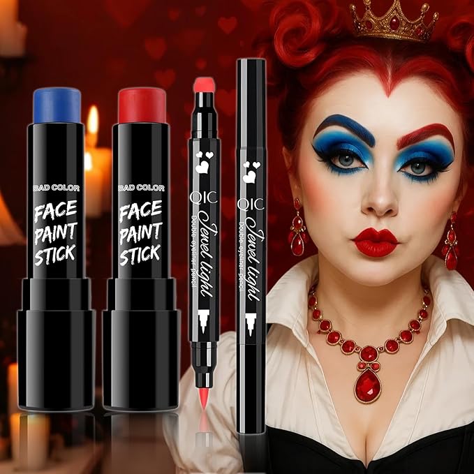 BADCOLOR 3PCS Red Blue Face Body Paint Stick Makeup for Harley/Joker SFX Cosplay & Dress Up, Red Liquid Eyeliner Stamp Pen for Clown Costume Cosplay