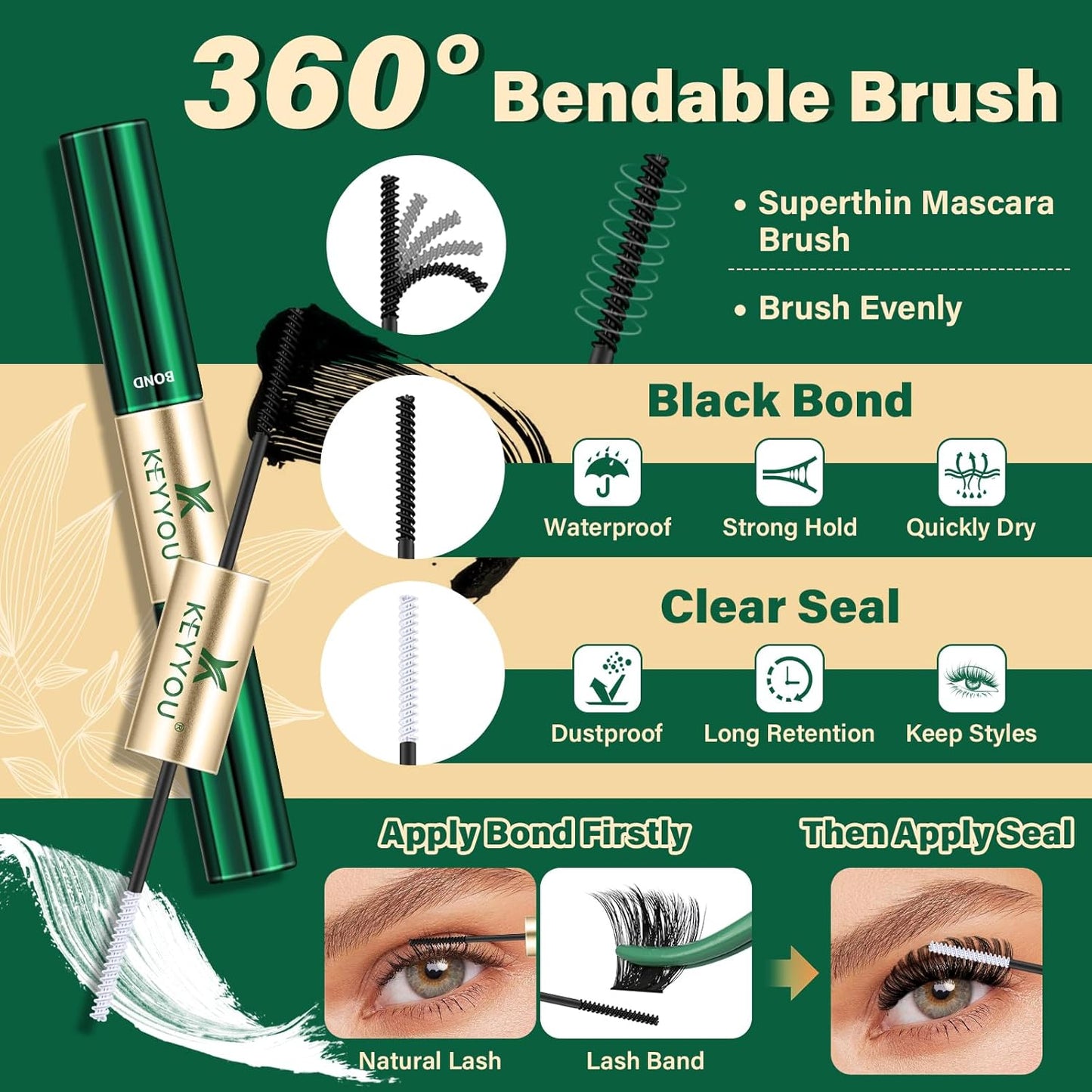 KEYYOU DIY Lash Extension Kit 182pcs Soft Lash Clusters 200D Curl Easy to Apply with Lash Bond and Seal Lash Applicator Lash Remover Eyelash Extension Kit at Home(RMkit-200D-D-10-18mix)