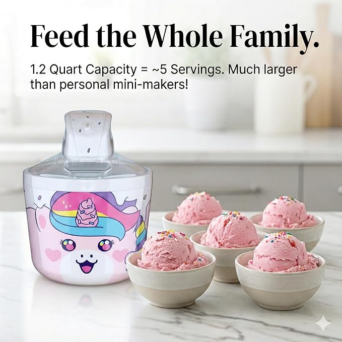 1.2 Quart Unicorn Electric Ice Cream Maker Machine for Kids – Best Countertop Ice Cream Machine for Homemade Soft Serve, Sorbet, Gelato, Frozen Yogurt – Fun & Easy Desserts for Families, easy to Clean