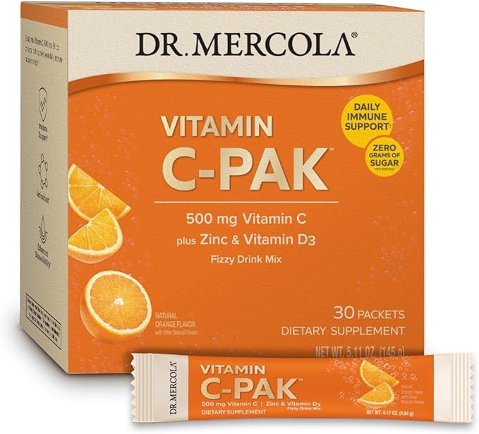 Dr. Mercola Vitamin C-PAK, 30 Servings (30 Packets), Fizzy Drink Mix, 500 mg Vitamin C, with Zinc and Vitamin D3, Natural Orange Flavor, Dietary Supplement, Supports Healthy Immune Function, Non-GMO