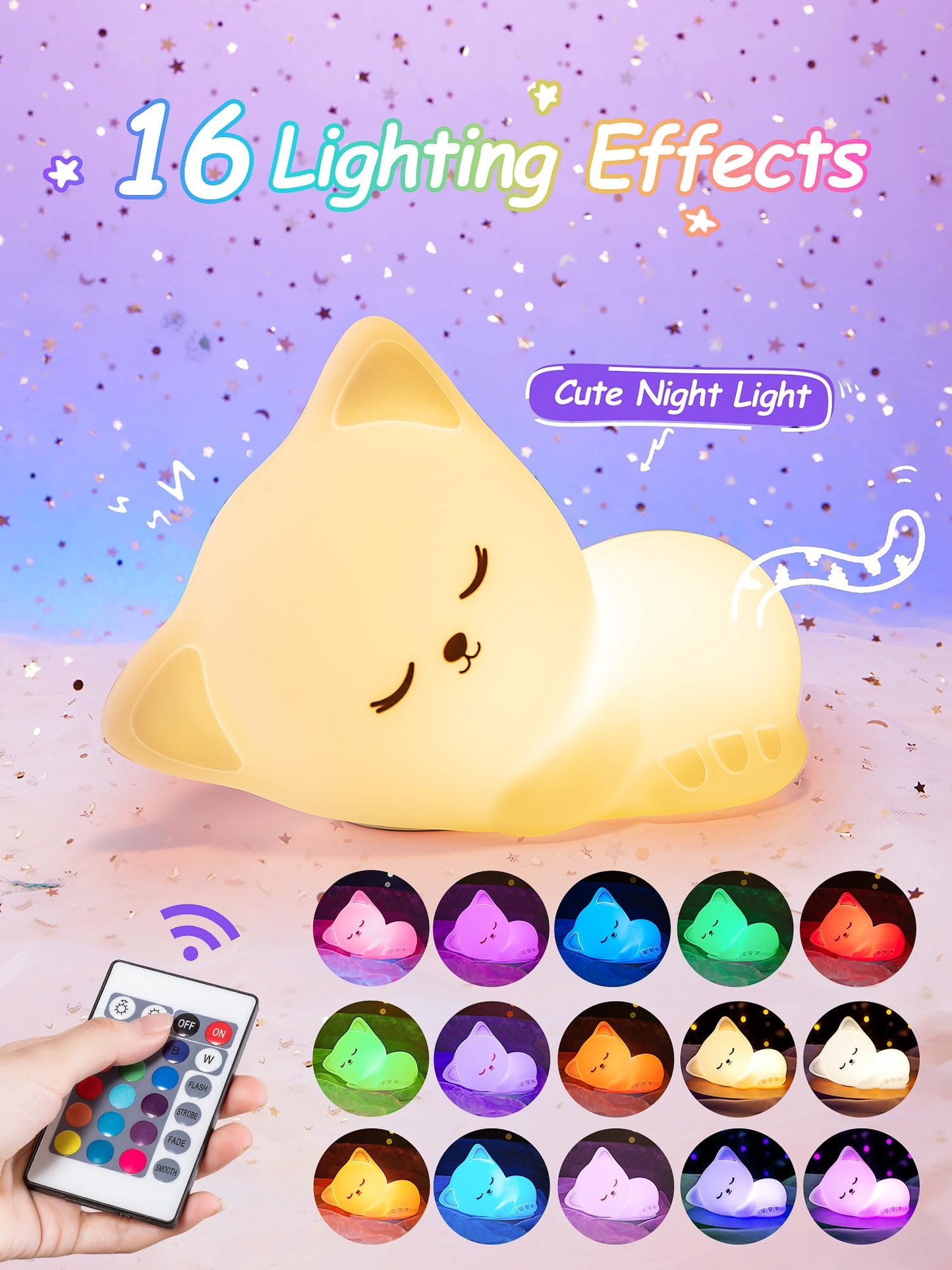 Mubarek Baby Night Light, 16 Colors Dimmable, Silicone, Rechargeable, Cat Remote, Night Light for Kids