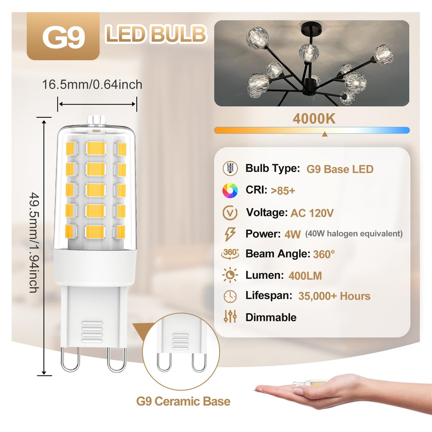 G9 Led Bulb Dimmable 4W  40 Watt T4 G9 Halogen Equivalent  4000K Neutral White G9 Led Light Bulbs  120V 400Lm G9 Light Bulbs For Chandelier Lighting  10 Pack