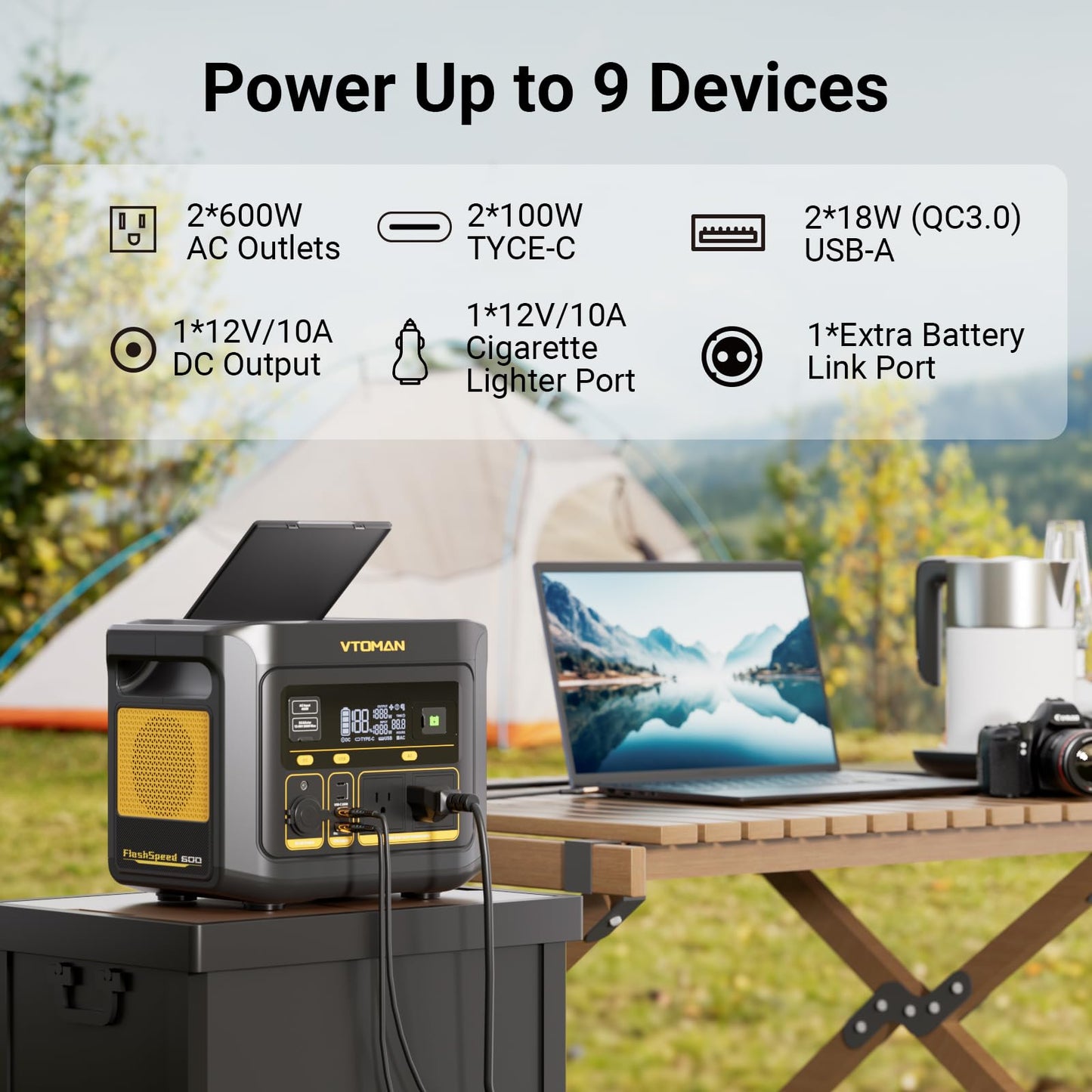 Vtoman Flashspeed 600 Portable Power Station With 200W Solar Panel - 499Wh/600W(1200W Peak) Solar Generator With Lifepo4 Battery