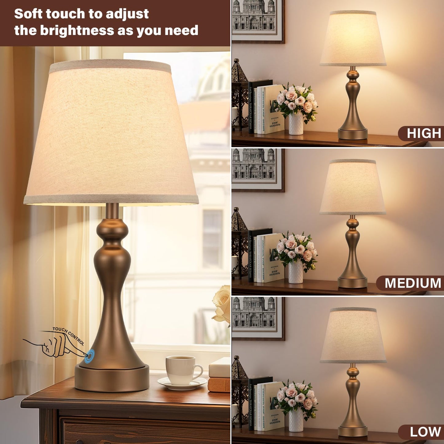 Seealle Touch Lamps Set of 2, 3 Way Dimmable, USB C+A, 9.5 x 9.5 x 19 inches, Brown & Oat Shade, Metal