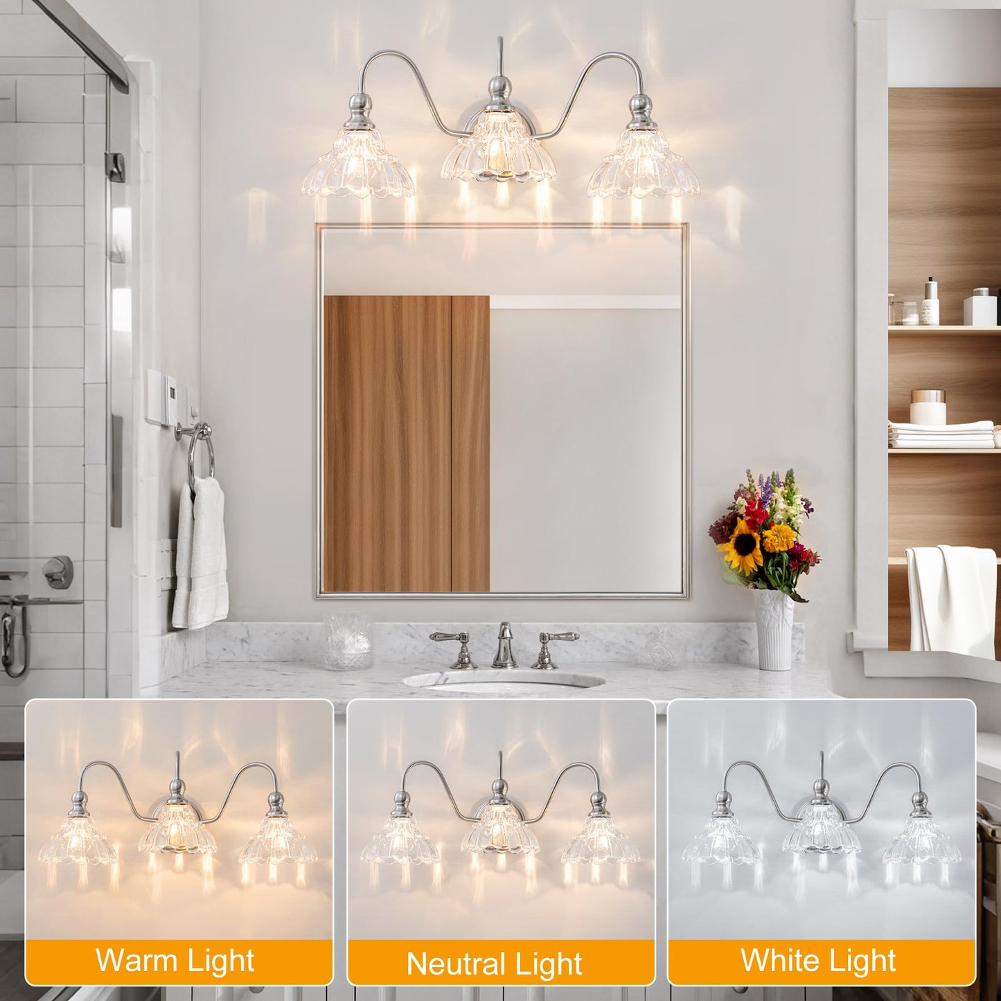 Brknit Vintage Bathroom Light Fixtures Over Mirror  3-Light Brushed Nickel Wall Sconce Lighting With Flower Glass Shade  Farmhouse Vanity Lights For Bedroom Kitchen Living Room Hallway Light