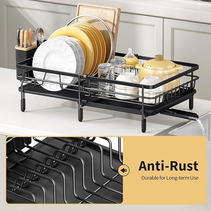 Expandable Dish Drying Rack for Kitchen Counter, Large Extendable Dish Rack with Bamboo Cover Cutlery Holder, Multifunctional Adjustable Dish Dryer Drainer