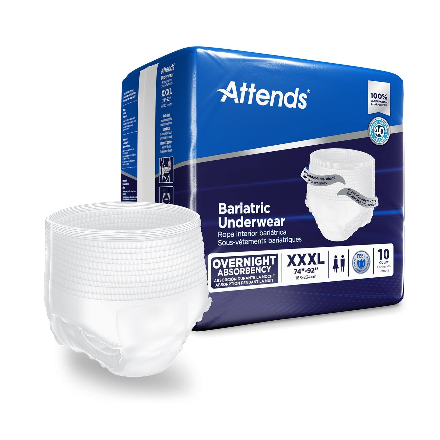 Attends Bariatric Adult Incontinence Underwear, 3X-Large (74-92"), [40 Count] - Overnight Absorbency for Men and Women, Disposable Pull-On Diapers with Tear-Away Sides, AU60