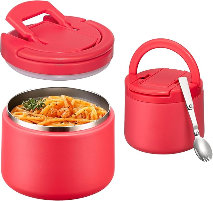 Kids Thermo for Hot Food, 14oz Insulated Soup Jar, Stainless Steel Lunch Box with Leakproof Lid & Spoon, Vacuum Insulated Bento Container (Red)