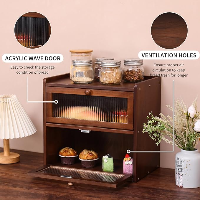 Double Layer Large Bread Box for Kitchen Counter, Wooden Bread Storage Container with Acrylic Window (brown)