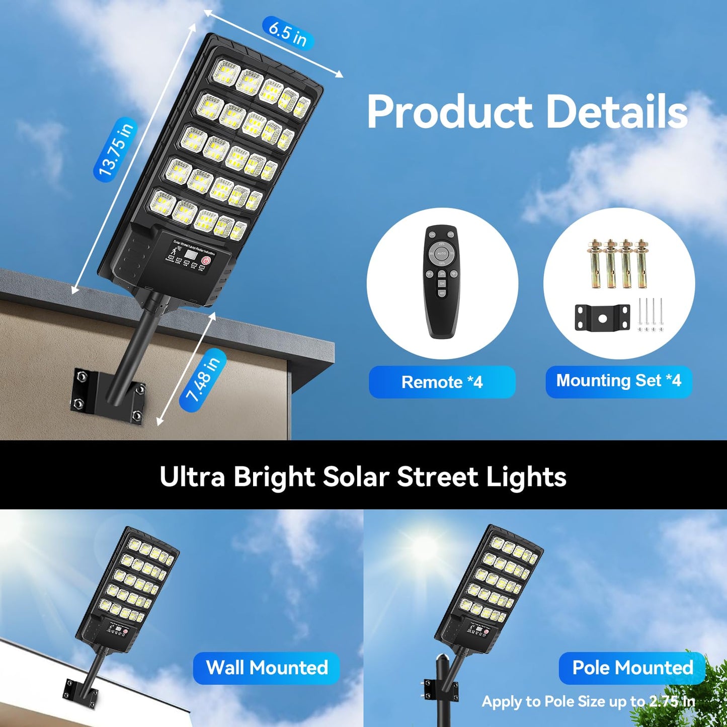 4Pack Solar Street Lights Outdoor Waterproof  30000Lm 6500K Led Motion Sensor Lights  Dusk To Dawn Solar Flood Light With Remote  Solar-Powered Parking Lot Light  Commercial Area Lighting For Outside