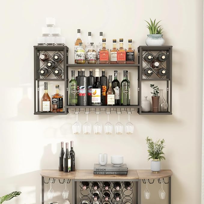 Wall Mounted Wine Rack, Multi Functional Bar Shelves for Liquor Bottles with Glass Holder, Modern Metal Bar Shelves Wall Mounted for Home Bar, Kitchen (Black, 47.3" L x 9.9" W x 23.6" H)