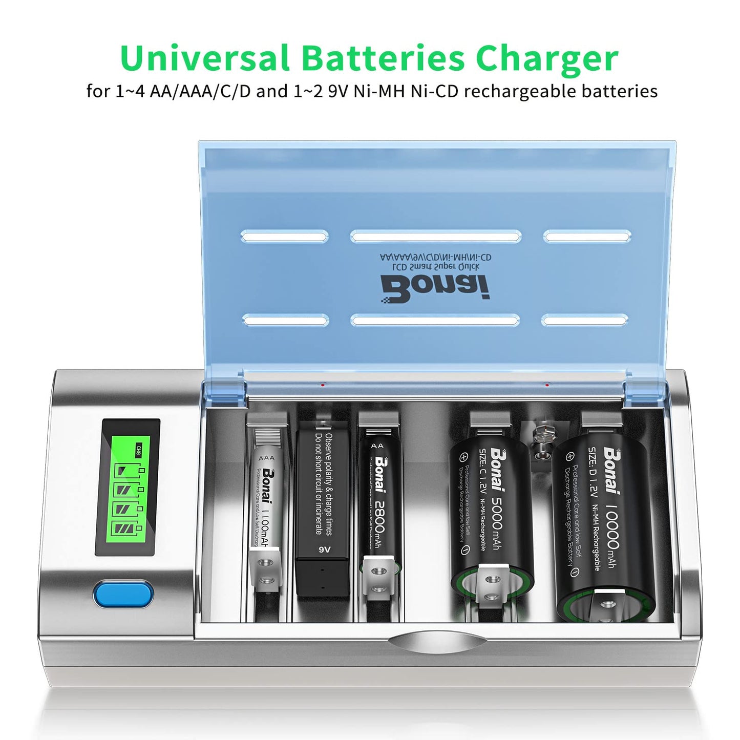 Bonai Lcd Battery Charger For C D Aa Aaa Nimh Nicd & 9V Lithium Rechargeable Batteries With Discharge Function And Ac Plug Fast