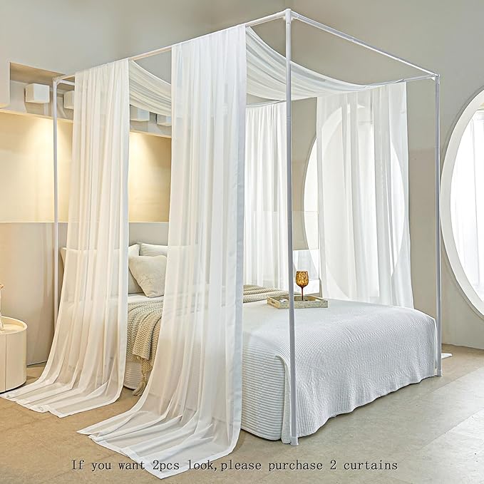 AIKASY White Bed Canopy Scarf for Full/Queen - Luxury Sheer Canopy Bed Curtains with Light - Suitable for Four-Poster Bed, Metal Bed Frame, Wood Bed Frame -1pic