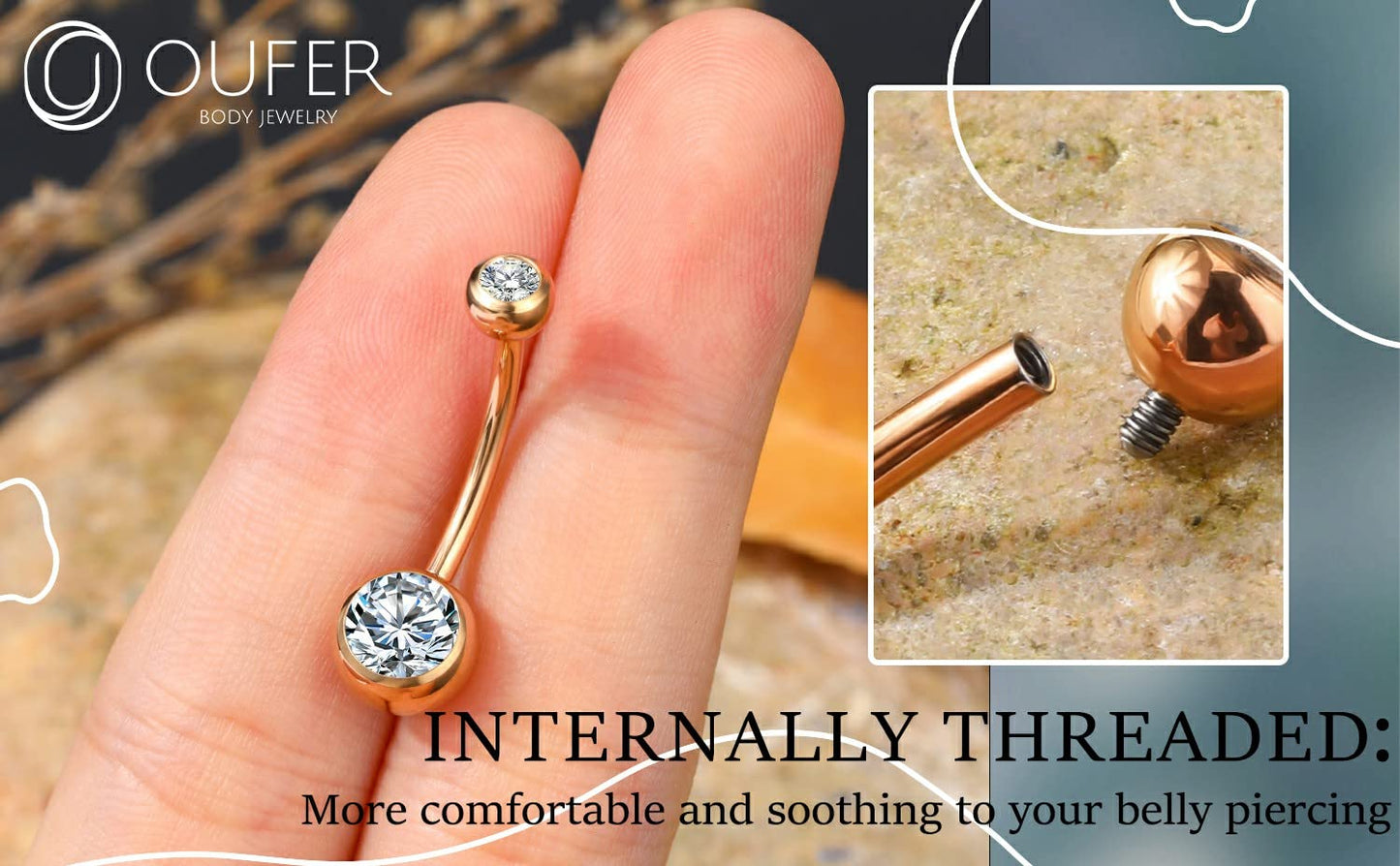 OUFER Titanium Belly Button Rings, Internally Threaded 14mm Long Belly Ring, Round CZ Navel Rings for Women Men (Rosegold)