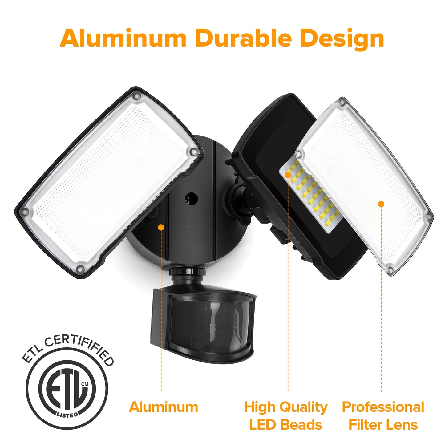 Lutec Dual-Head Led Floodlight, 38W 3500 Lumen, Motion Activated, Black, Model 7635401012-B, 5000K Daylight, Dusk