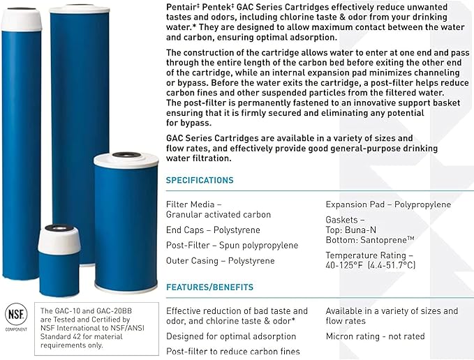 Pentair Pentek GAC-10 Carbon Water Filter, 10-Inch, Under Sink Granular Activated Carbon (GAC) Replacement Cartridge, 10" x 2.5", Pack of 12