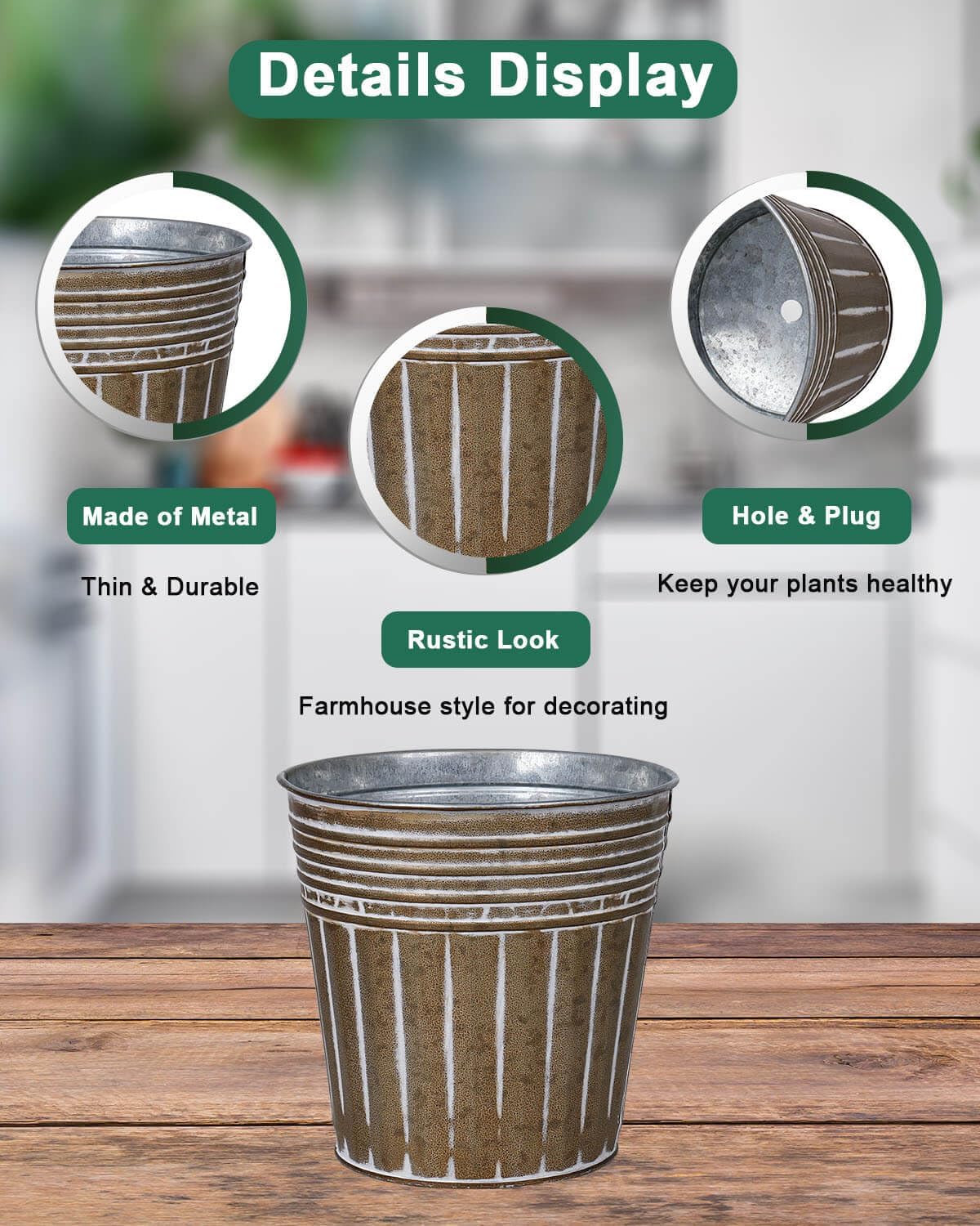 vensovo 5 Inch Brown Metal Rustic Flower Pots - 6Pcs Small Galvanized Planters with Drainage Hole and Rubber Plug, Rustproof Metal Bucket Plant Pots Farmhouse Vintage Style for Decor