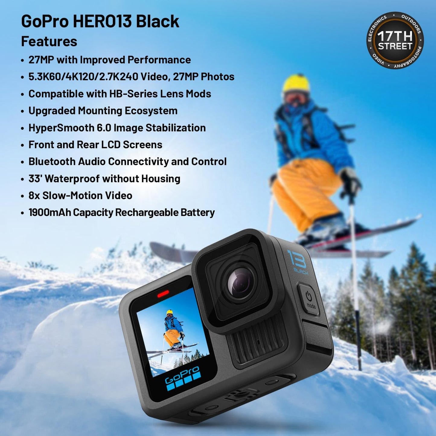 GoPro HERO13 Black Waterproof Action Camera | 27MP, 5.3K60 Ultra HD Video, Supports HB-Series Lenses with Extra Enduro 1900mAh Li-Ion Battery & 128GB Extreme microSDXC Memory Card Bundle Set