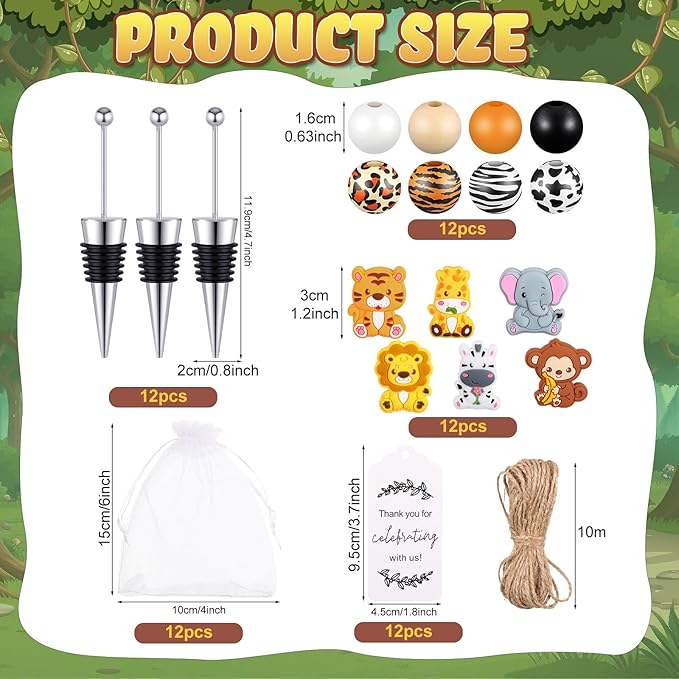 Gisafai 60 Pcs Beadable Wine Stoppers Bulk Include Beadable Bottle Stoppers Silicone Reusable Wine Saver Corks with Bags Labels Ropes for Baby Shower Gifts DIY Safari Jungle Animal Party Bar