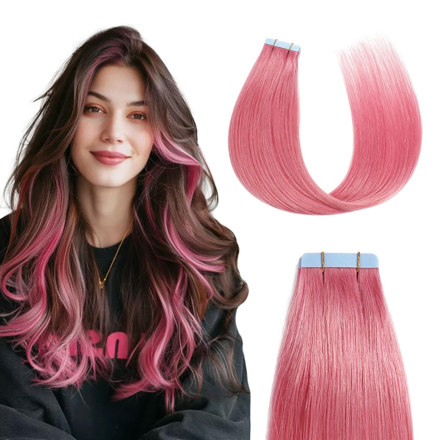 Sunya Tape in Hair Extensions Human Hair Hot Pink Tape in Hair Extensions 18 Inch Straight 10PCS/Pack 25g