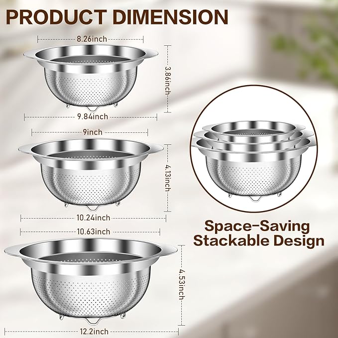 Stainless Steel Colander for Kitchen, Stainless Steel Strainer, Pasta Strainer for Spaghetti Fruit Vegetable Cooking Food, 3 Pcs Strainers and Colanders(2QT, 3QT, 5QT), Dishwasher Safe, Christmas Gift