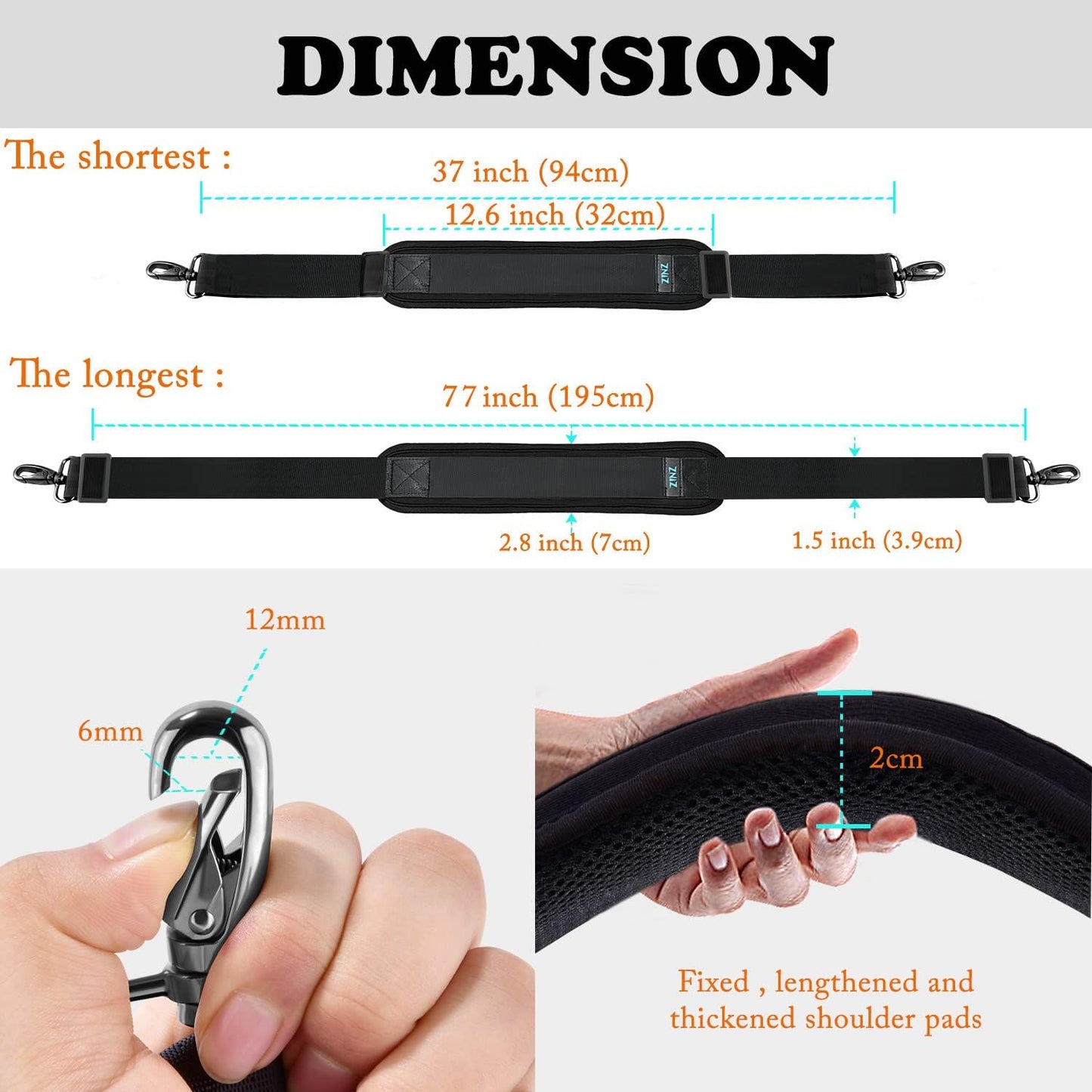 ZINZ 77 Inch Shoulder Strap Univesal Bag Strap with Fixed Pad Ultra Thick Plus Long & Breathable Cushion, Replacement Strap for Bags,Black