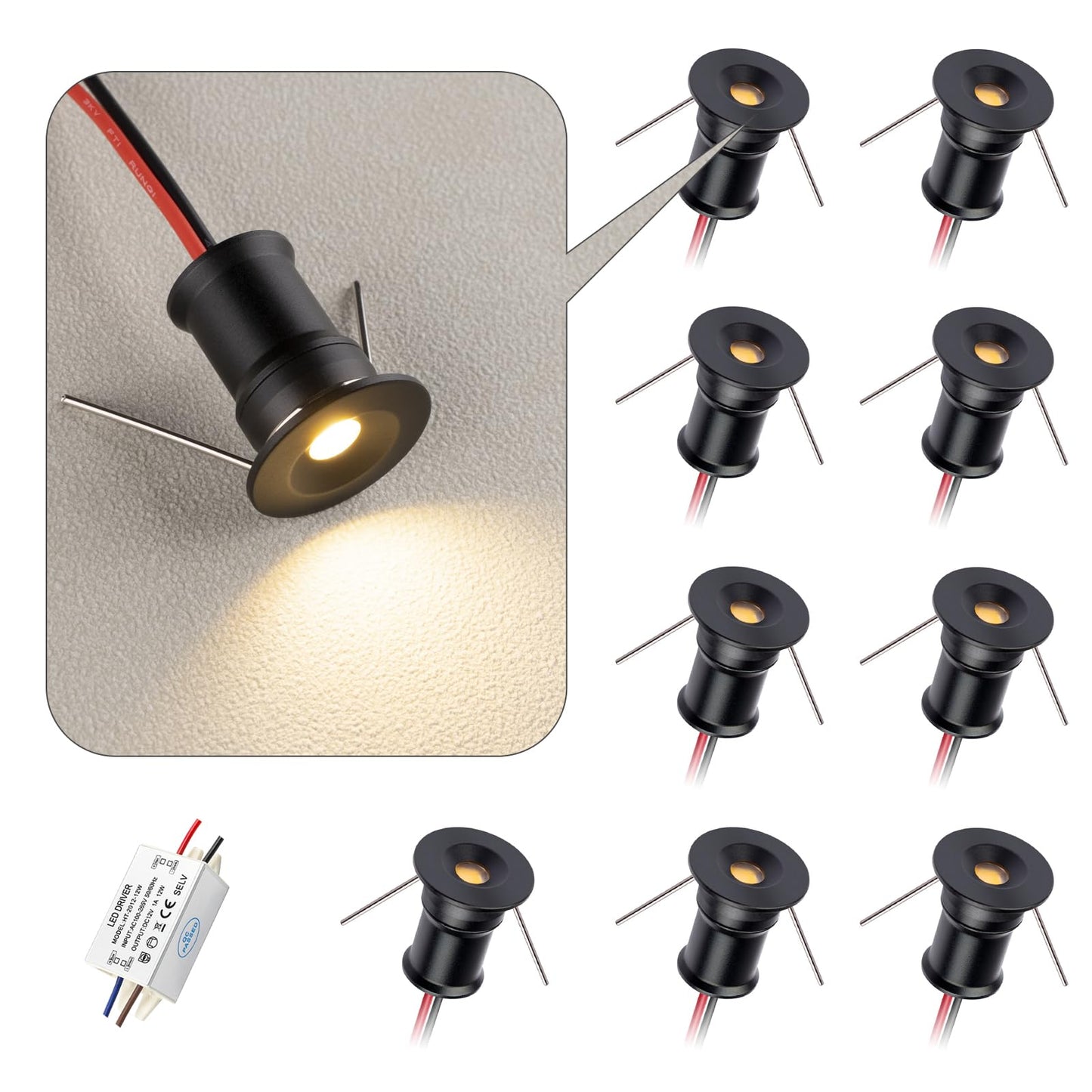 Hhtun 902 Led Mini Spotlight Dc12V 1W Suitable For Bookcases Cabinets And Various Display Cabinets As Decorative Lights Embedded Installation Soft Lighting With Power Supply (6000K Black 9Pack)