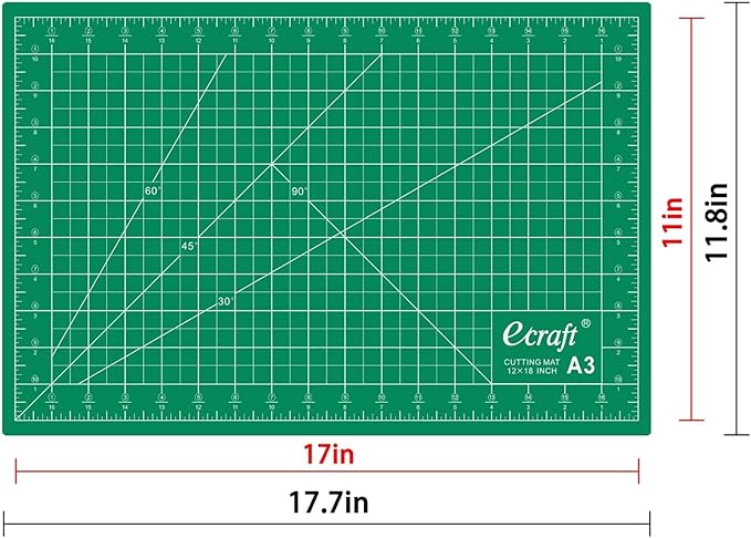 Ecraft Self Healing Cutting Mat: 12inch x 18inch Double Sided 5-Ply Fabric Cutting Mat for Sewing, Quilting & Arts & Crafts - Gridded Rotary Cutting Board Mat in Green/Black.