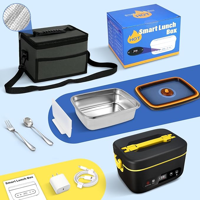 Cordless Electric Lunch Box,24000mAh Heated Lunch Box Battery Powered with Automatic Heating, 5Cups Portable Food Warmer,Multi-Mode Automatic Heating with an Insulated Bag and Utensils (Black)
