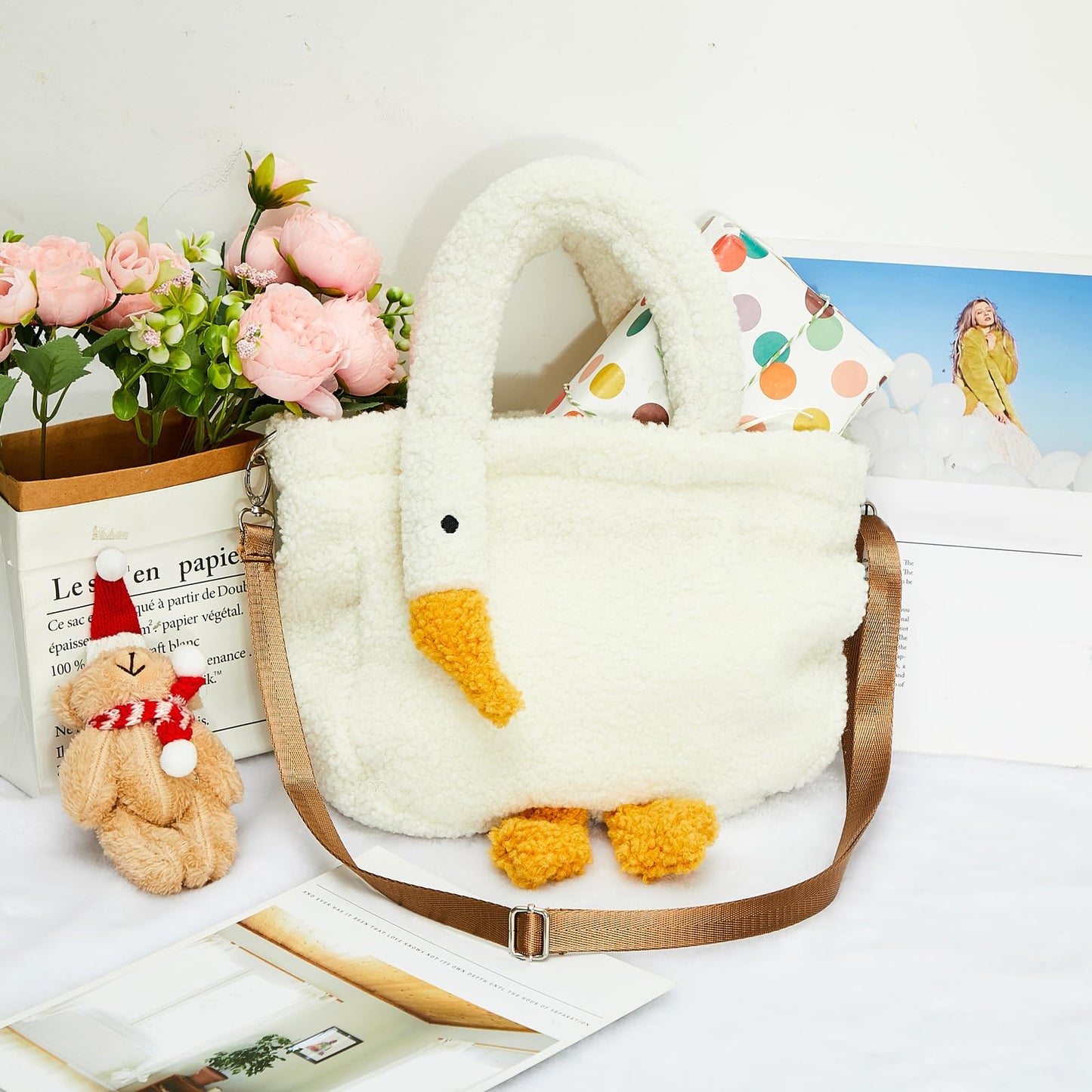 Chunful Goose Bag Cute Plush Lambswool Fur Tote Handbag Crossbody Funny Novelty Fuzzy Shoulder Bag with Removable Strap for Women Gift
