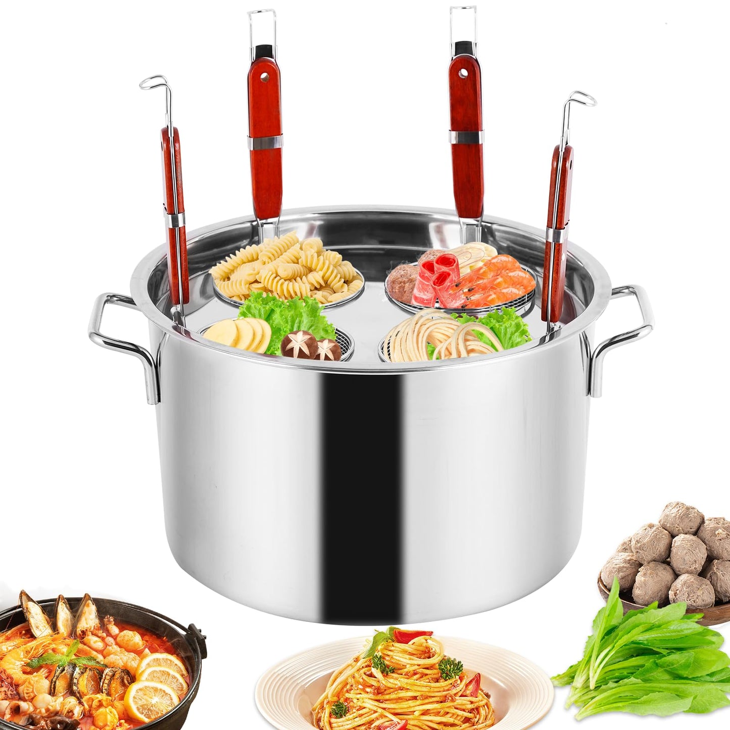 YJINGRUI Commercial Pasta Pot, 28.5 Quart, Stainless Steel Pasta Cooker with Insert Strainer Colander for Home Kitchen Restaurant, 4 Holes