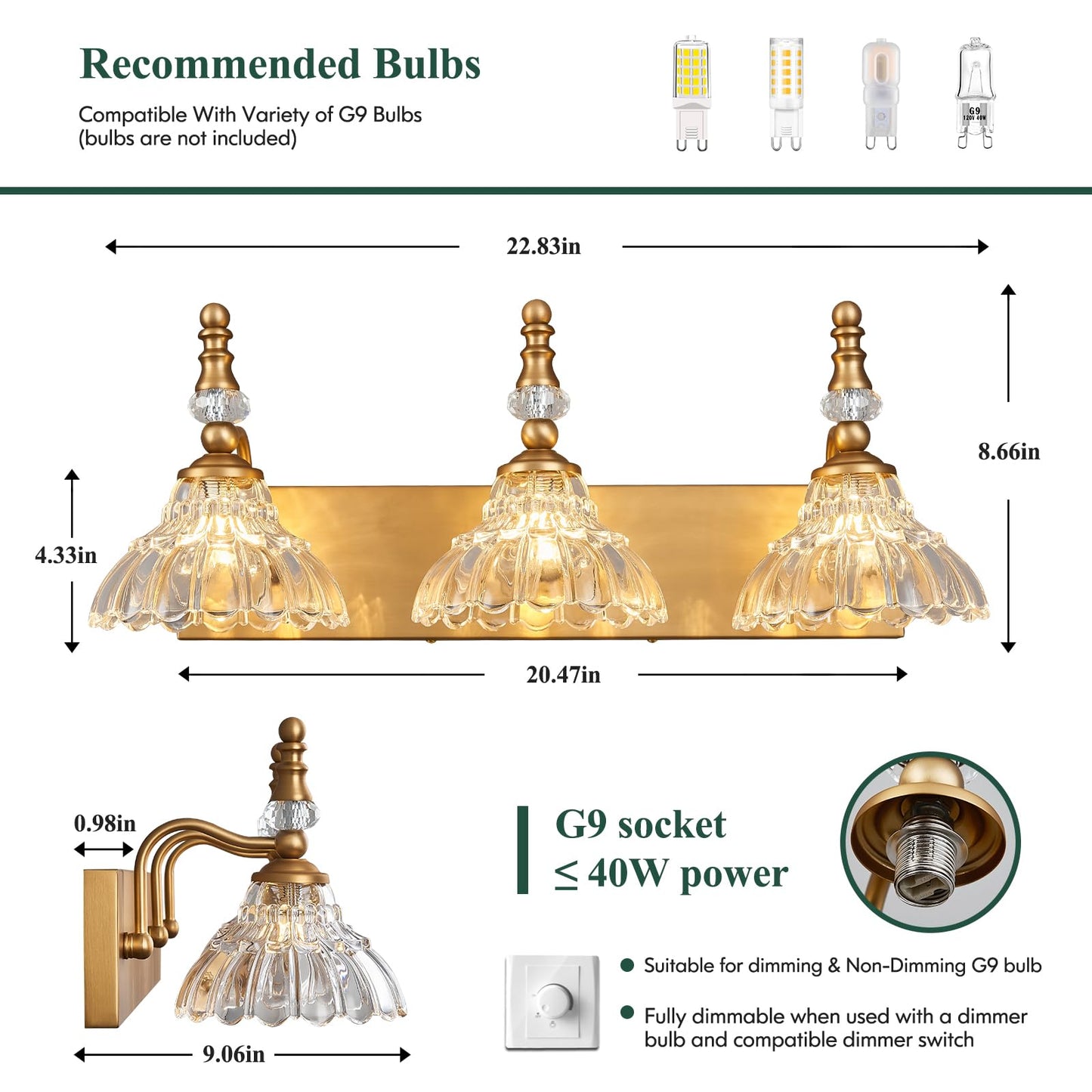 Lbsqj Vintage Bathroom Vanity Light  3-Light Brass Vanity Lighting Fixture With Flower Glass Shade  Bathroom Lighting Fixtures Over Mirror