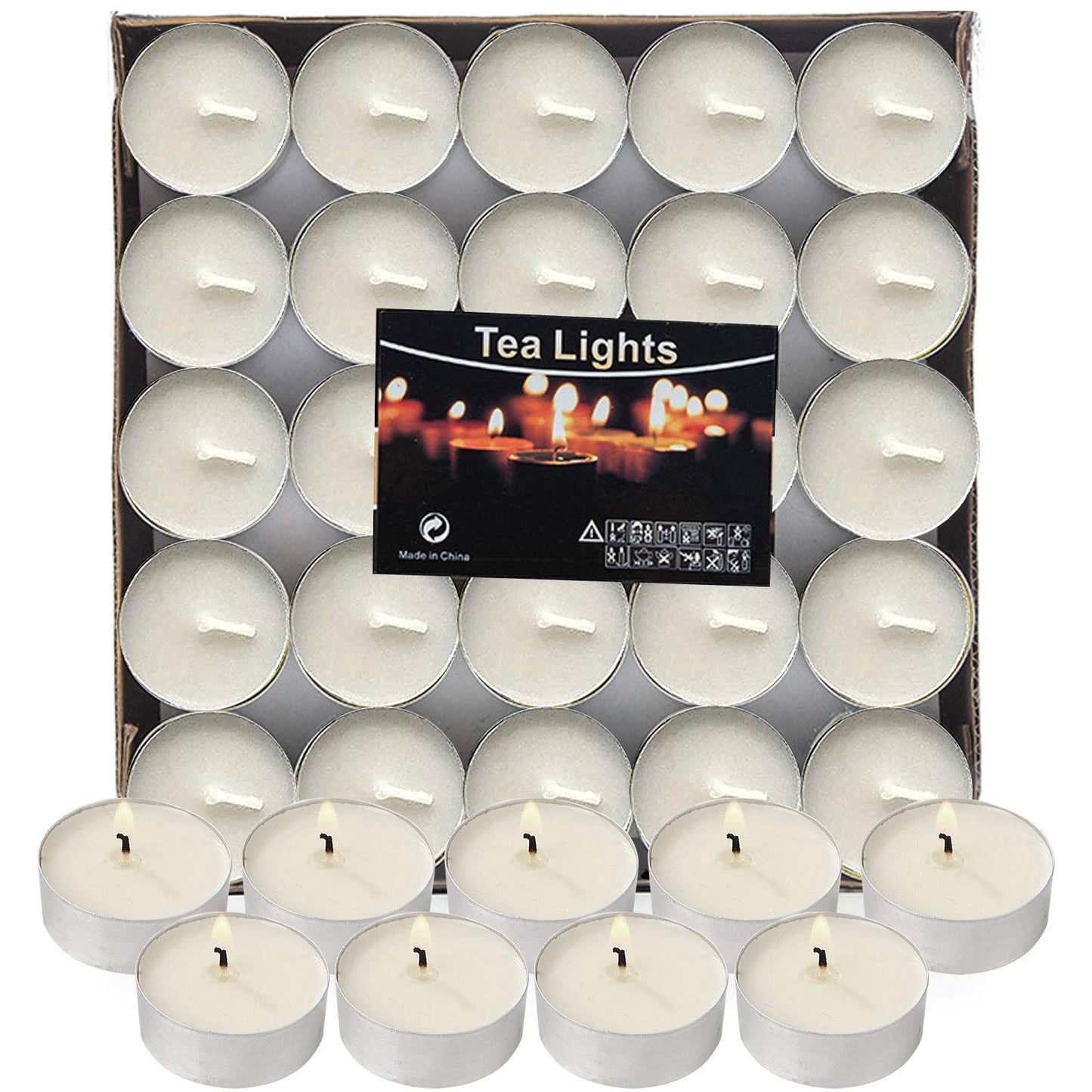 Visen 50-Pack Unscented Tealight Candles, White, Dripless, Smokeless, 6-Hour Burn Time, Paraffin Wax For Home & Events