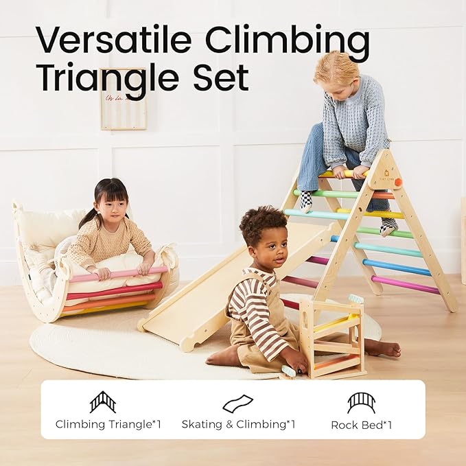 Tiny Land Pikler Triangle Set, 7-in-1 Foldable Pikler Triangle Climbing Toys Set for Kids,Baby Indoor Playground Jungle Gym, Wooden Montessori Climbing Set for Toddler (Rainbow,Large)