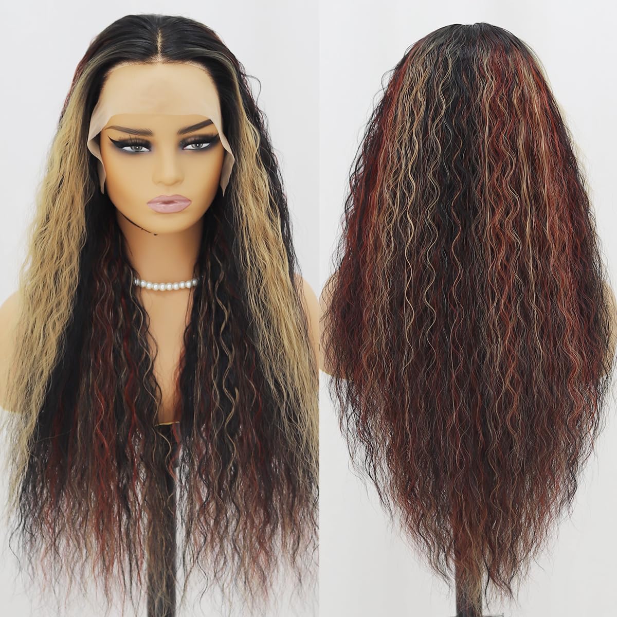 SISIFIRE Burgundy Highlight Lace Front Wig Preplucked Water Curly Wave Synthetic Lace Front Wigs for Women Heat Resistant Fiber
