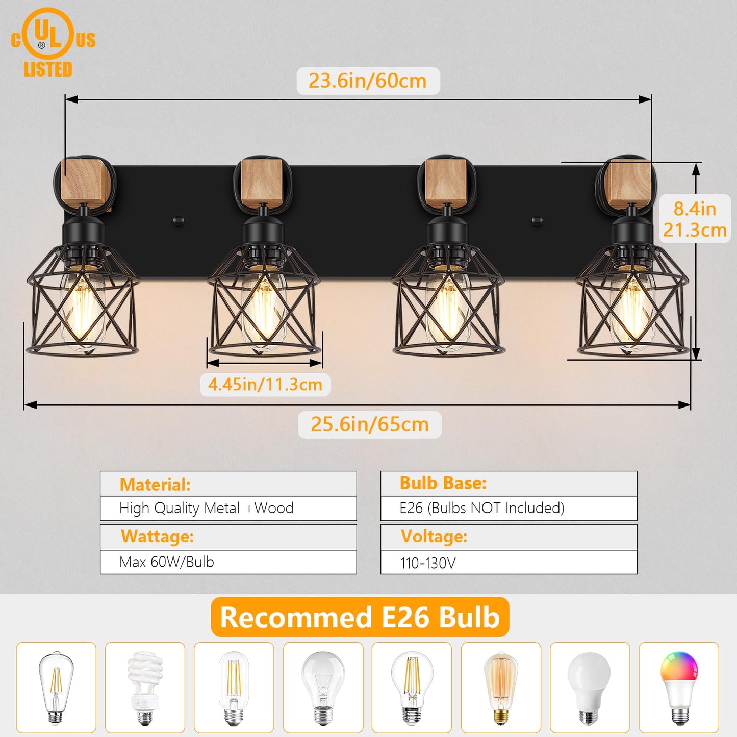 Fadimikoo 4-Light Rustic Wood Bathroom Vanity Light, Black Metal Cage Sconces, Model Fbd-07, Ideal For Hallway & Bedroom