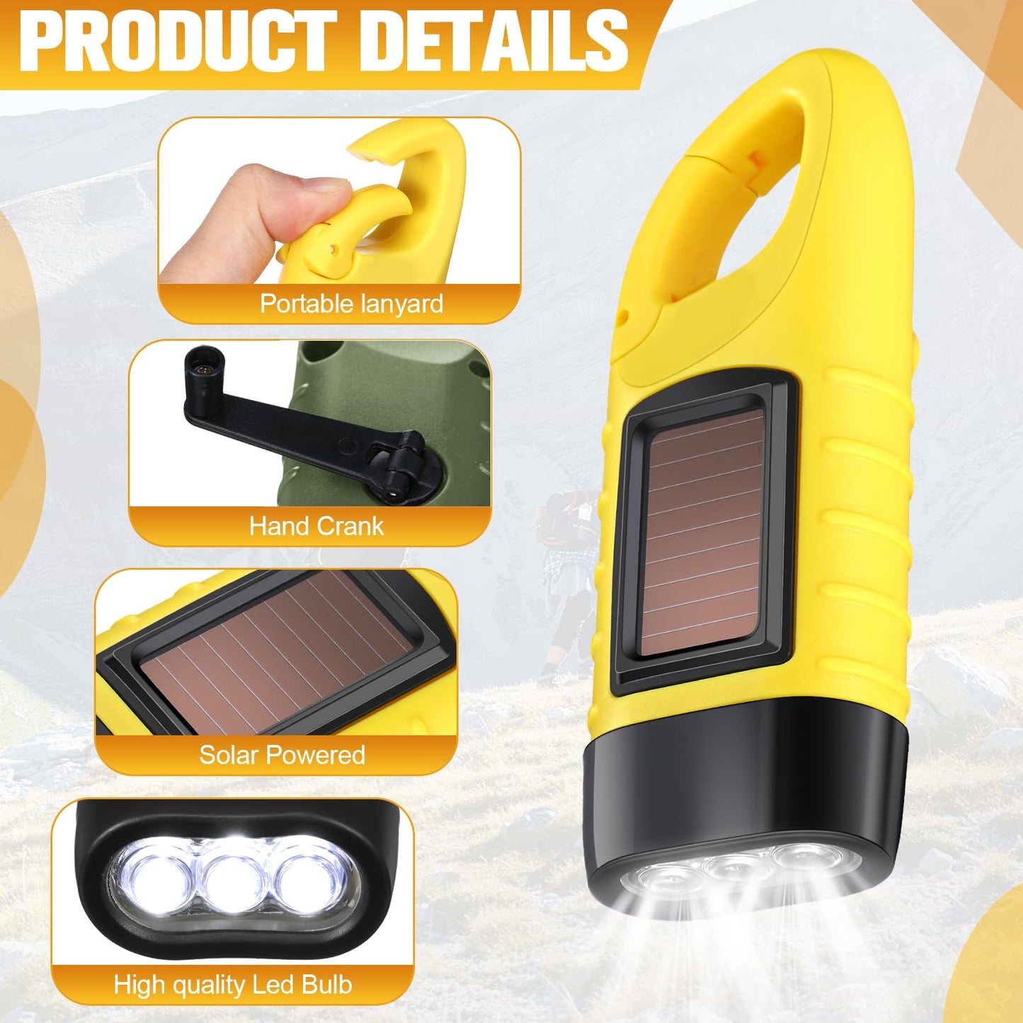 Mudder 6 Pcs Hand Crank Solar Powered Flashlights Emergency Rechargeable Led Handheld Flashlights For Survival Gear Outdoor Sports Camping Hiking Backpack Safety(Green Yellow)