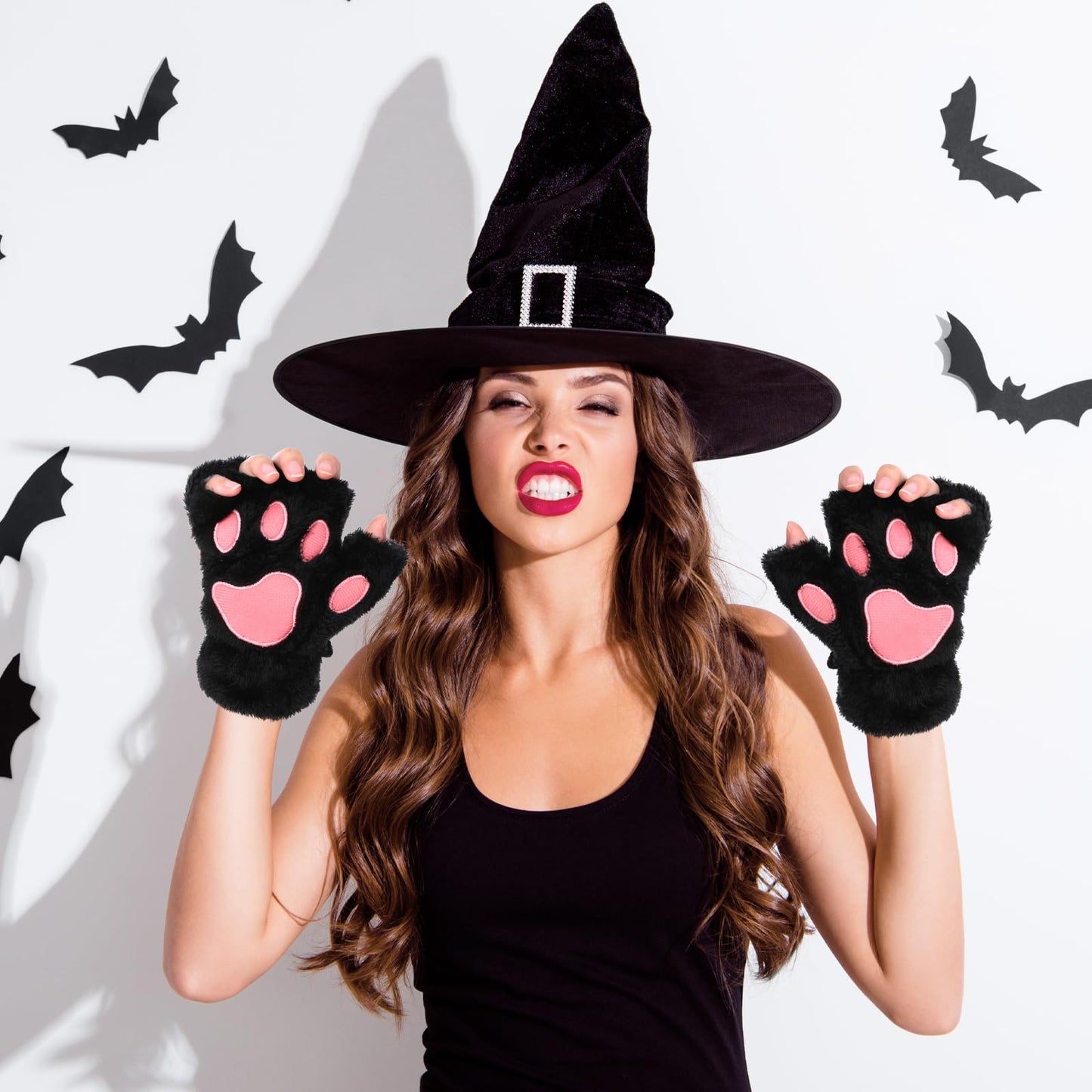 Cat Paw Gloves Black Bear Furry Paw Fingerless Hand Winter Paw Gear Kawaii Cat Claw Gloves Warm Mittens Cute Faux Fur Plush Half Finger Paws Gloves Cat Paw for Girls Women Halloween Cosplay Costume