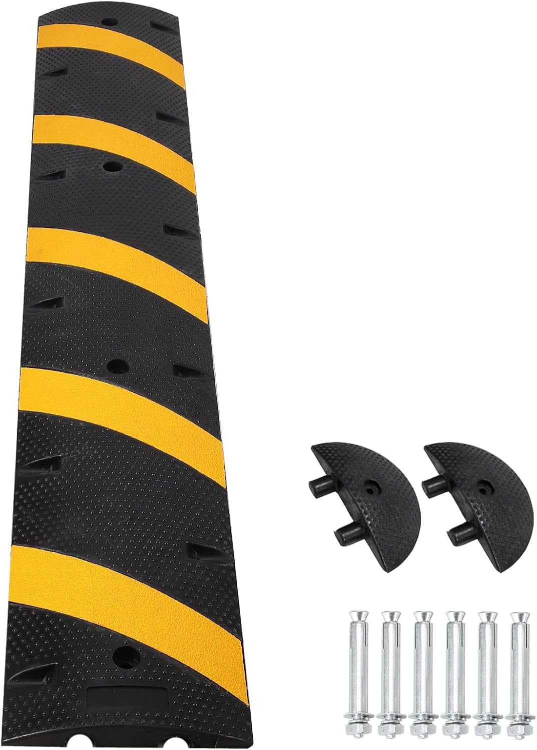 Speed Bump,84" Rubber Speed Bumps, 1 Pack 2 Channel Modular Speed Hump 25000LBS Capacity, Cable Ramps Hose Protector Ramps for Asphalt Concrete Gravel Driveway with 2 End Caps and 6 Bolt Spikes