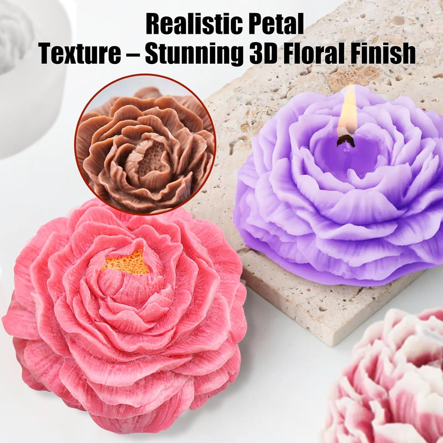 3 Pcs Peony Flower Silicone Candle Molds Set, 3D Peony and Rose Silicone Resin Soap Molds, Flower Fondant Silicone Mold for Handmade Cake Decoration Chocolate Epoxy Casting Resin Craft